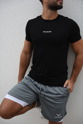 Veleur Bamboocare T-Shirt für Herren, atmungsaktives Bambusmaterial, elastisch mit 5% Spandex, erhältlich in Grau, Schwarz und Zartrosa.