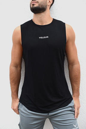 Veleur Bambooflex Tank T-Shirt, ärmelloses Design aus 95% Bambus und 5% Spandex, in Schwarz, atmungsaktiv und elastisch für Workouts und Freizeit.