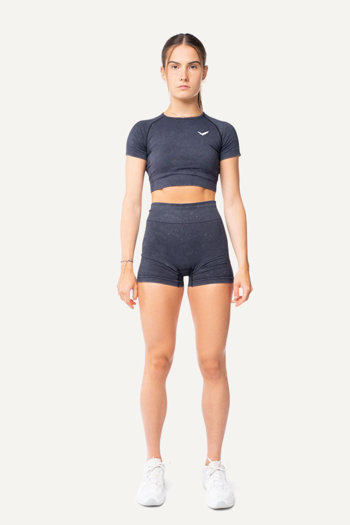 Veleur Faded Shorts für Damen, figurbetonte Shorts mit leichtem Washed-out-Look, atmungsaktivem Material, betont die Kurven, ideal für Training und Freizeit